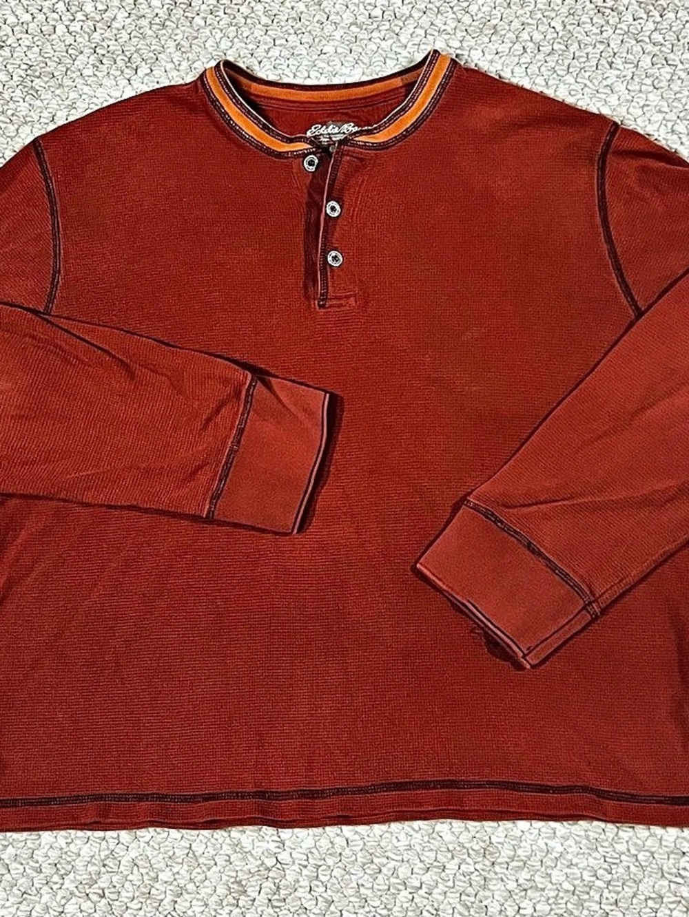 Eddie Bauer Vintage Henley Mens Size XL Burnt Orange Waffle Knit Long Sleeve Out